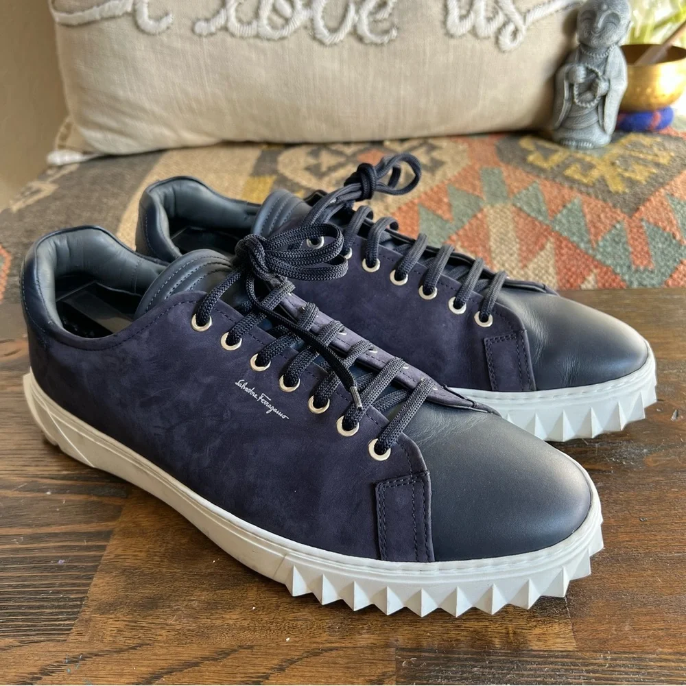 Salvatore Ferragamo $895 Cube Suede & Leather Low-Top Sneakers Navy - Picture 3 of 14